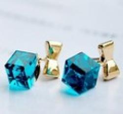 Low Price on Exquisite Blue Crystal Cube Rubik's Cube Stone Lovers Bow Earrings!#1830